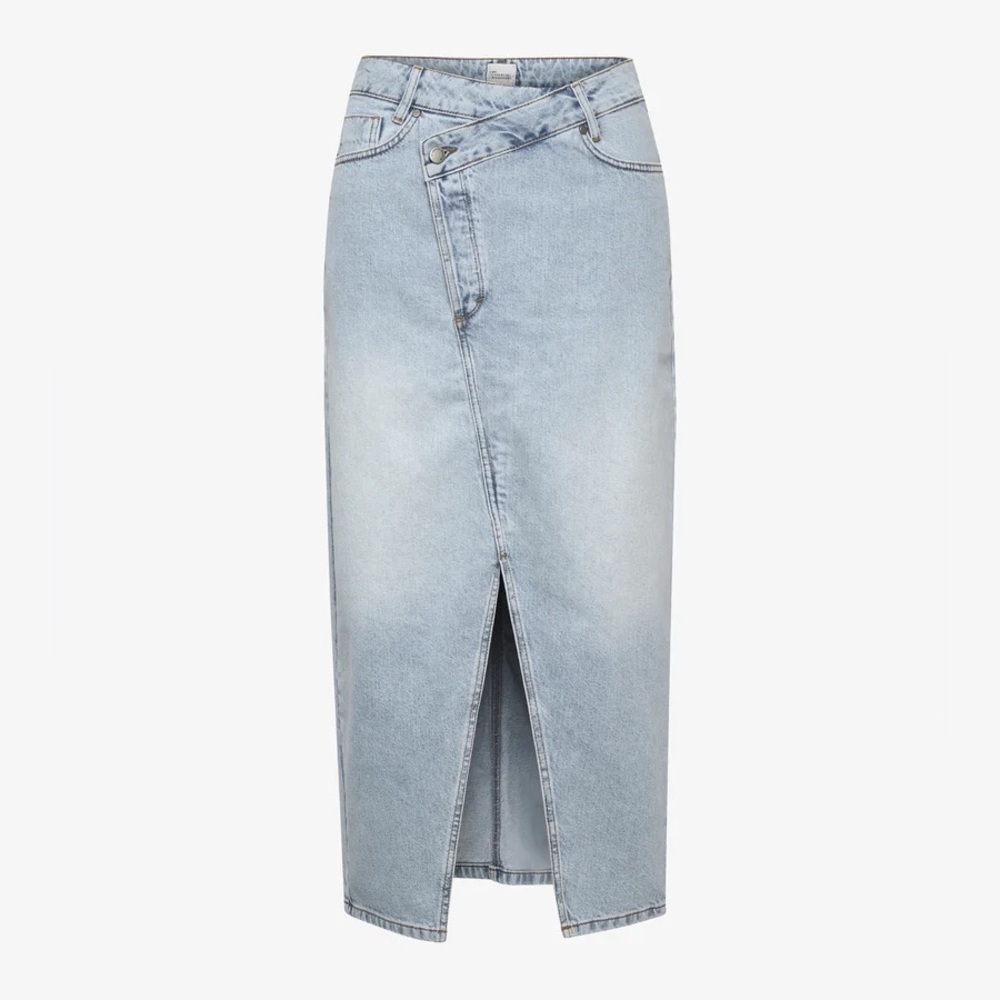 Light Blue Denim Midi Skirt with Front Slit